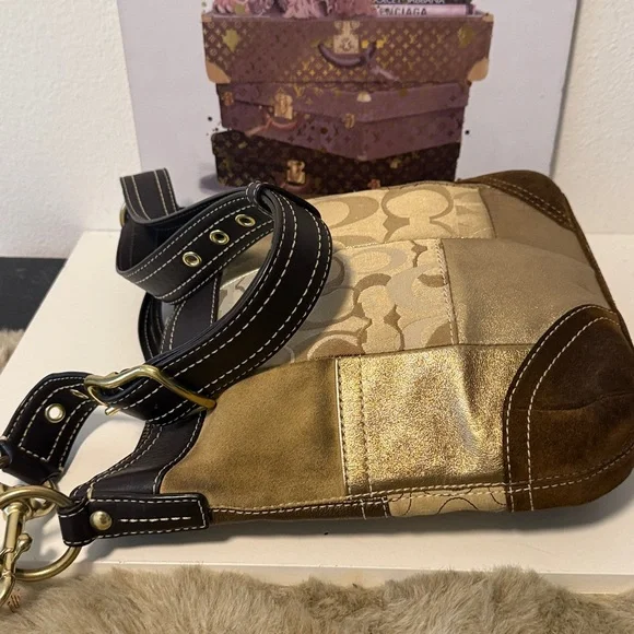 Coach Patchwork Shoulder Bag in Gold and Brown - Picture 4 of 8